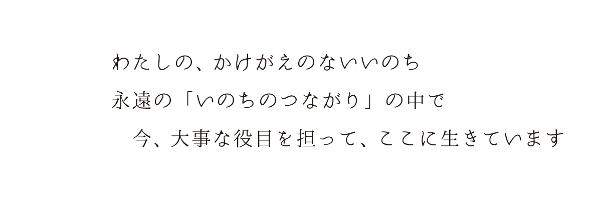 わたしの、かけがえのないいのち。永遠の「いのちのつながり」の中で、大事な役目を担って、ここに生きています。